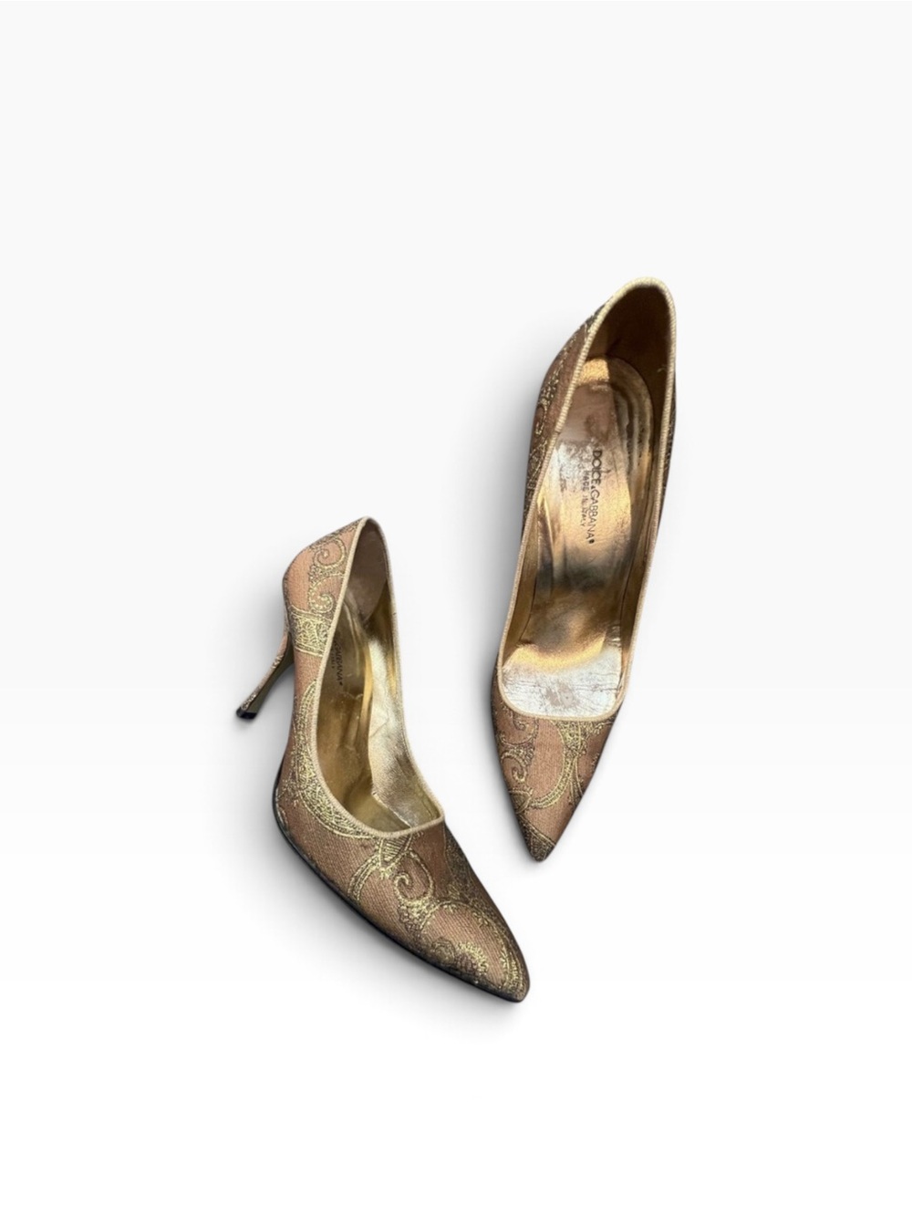 Auth DOLCE & GABBANA Gold bronze brown baroque embroidered almond Toe Pumps EUC